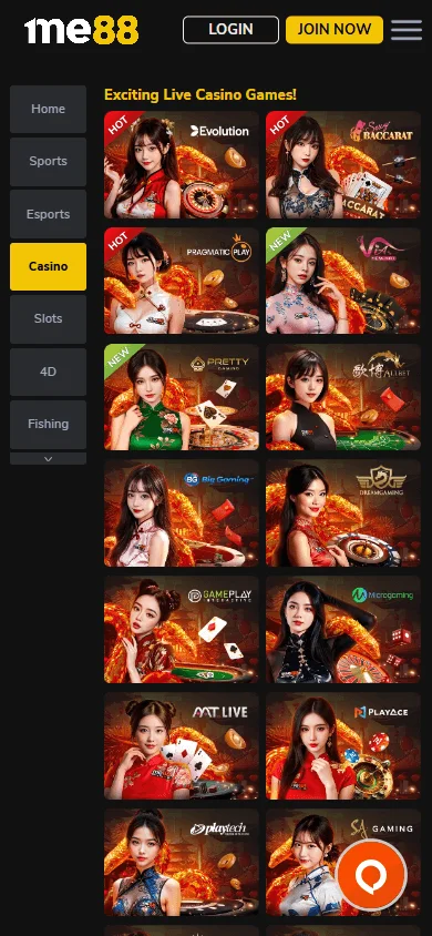 Me88 Casino mobile games interface with slots and live casino categories