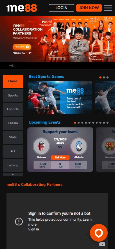 Me88 Casino mobile home interface for casino and sports access