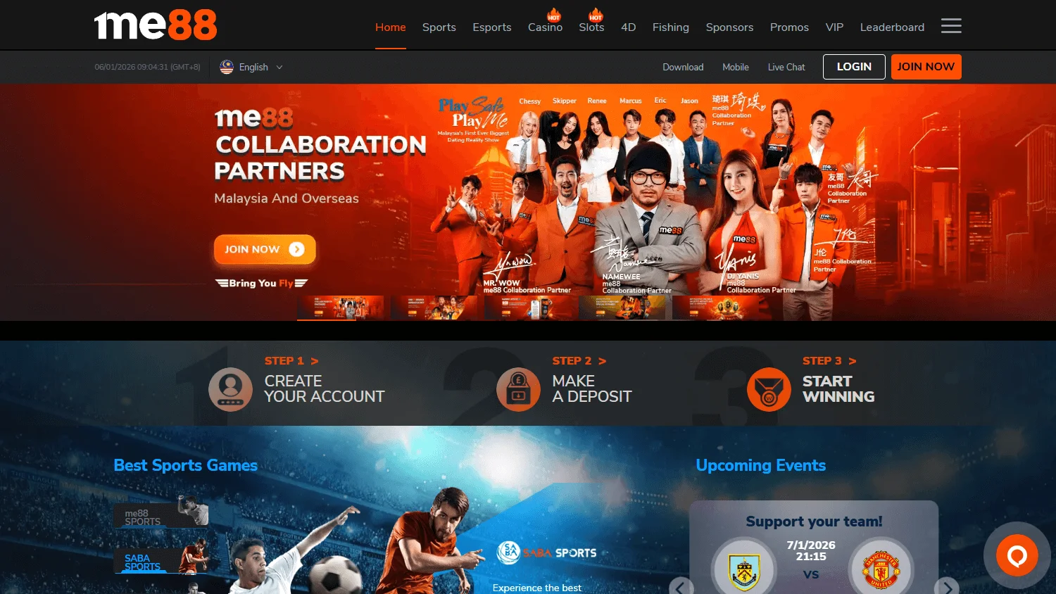 Me88 Casino desktop home interface with casino, sports and promotional access