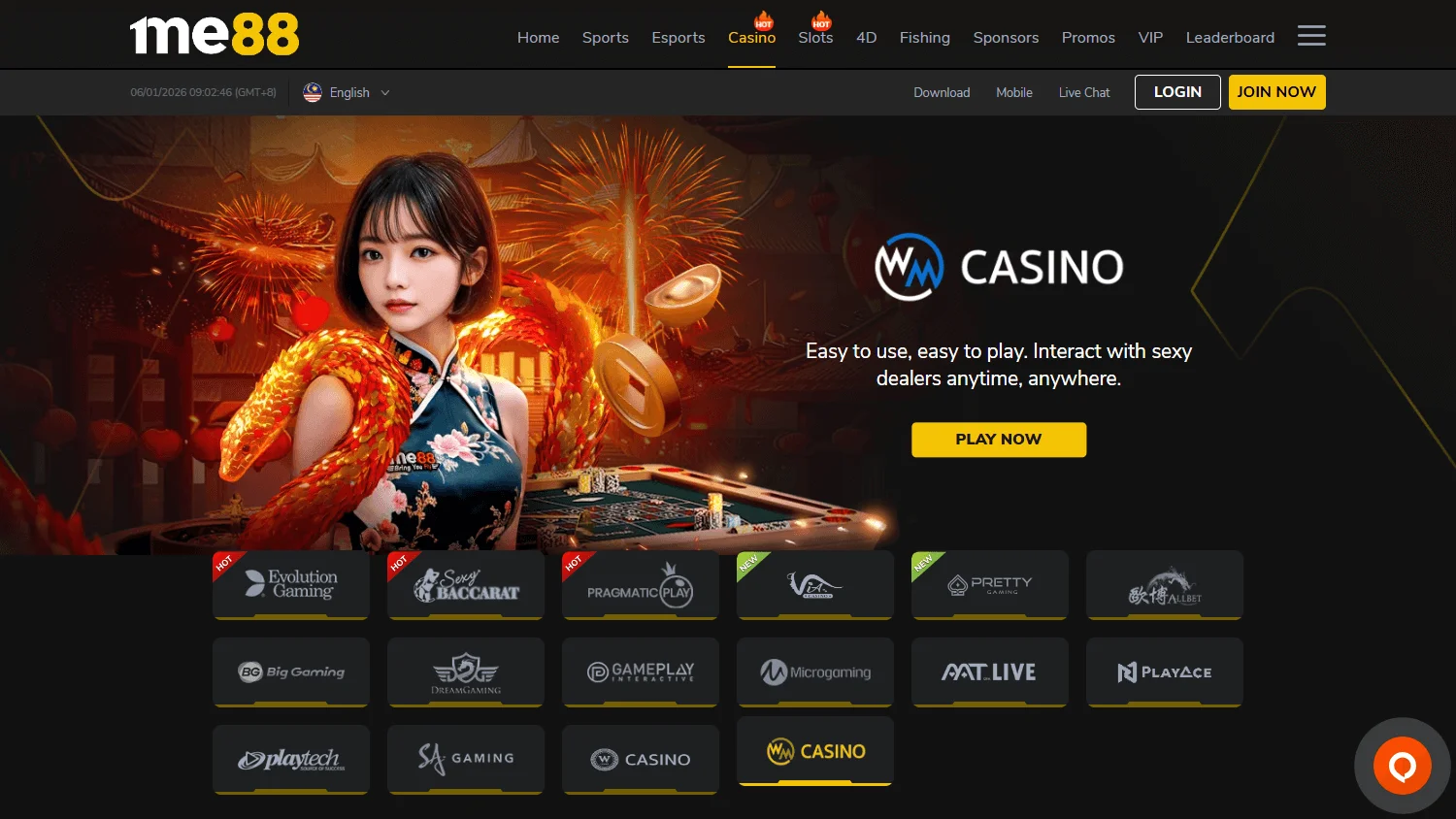 Me88 Casino desktop games interface with casino and live game categories