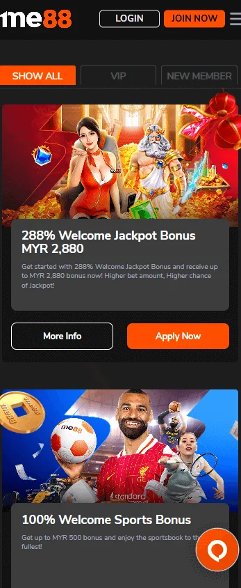 Me88 Casino mobile promotions interface with welcome and reload offers