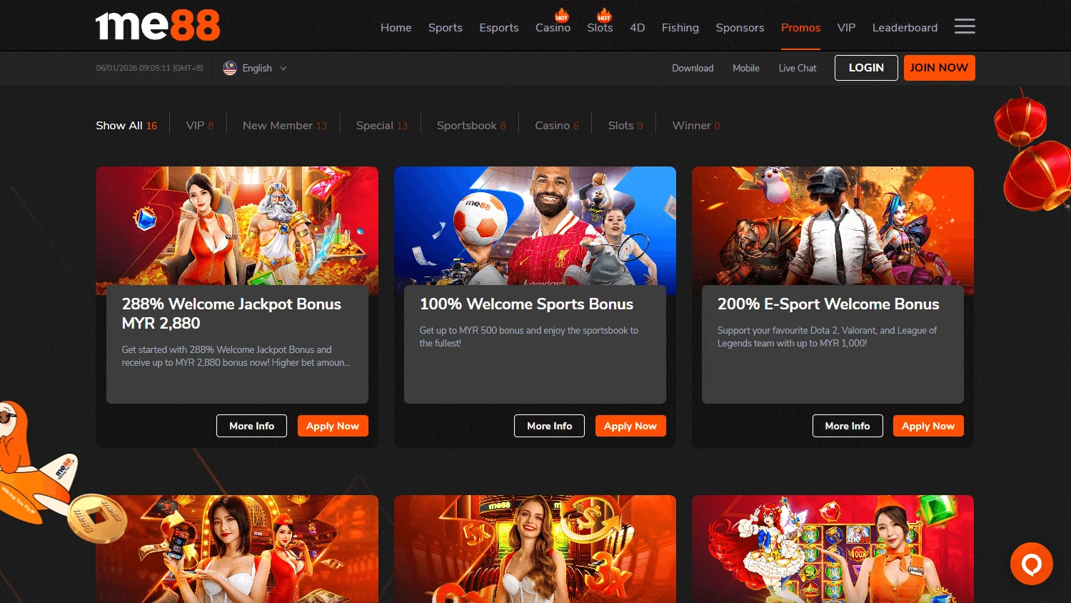 Me88 Casino desktop promotions interface with welcome and ongoing offers